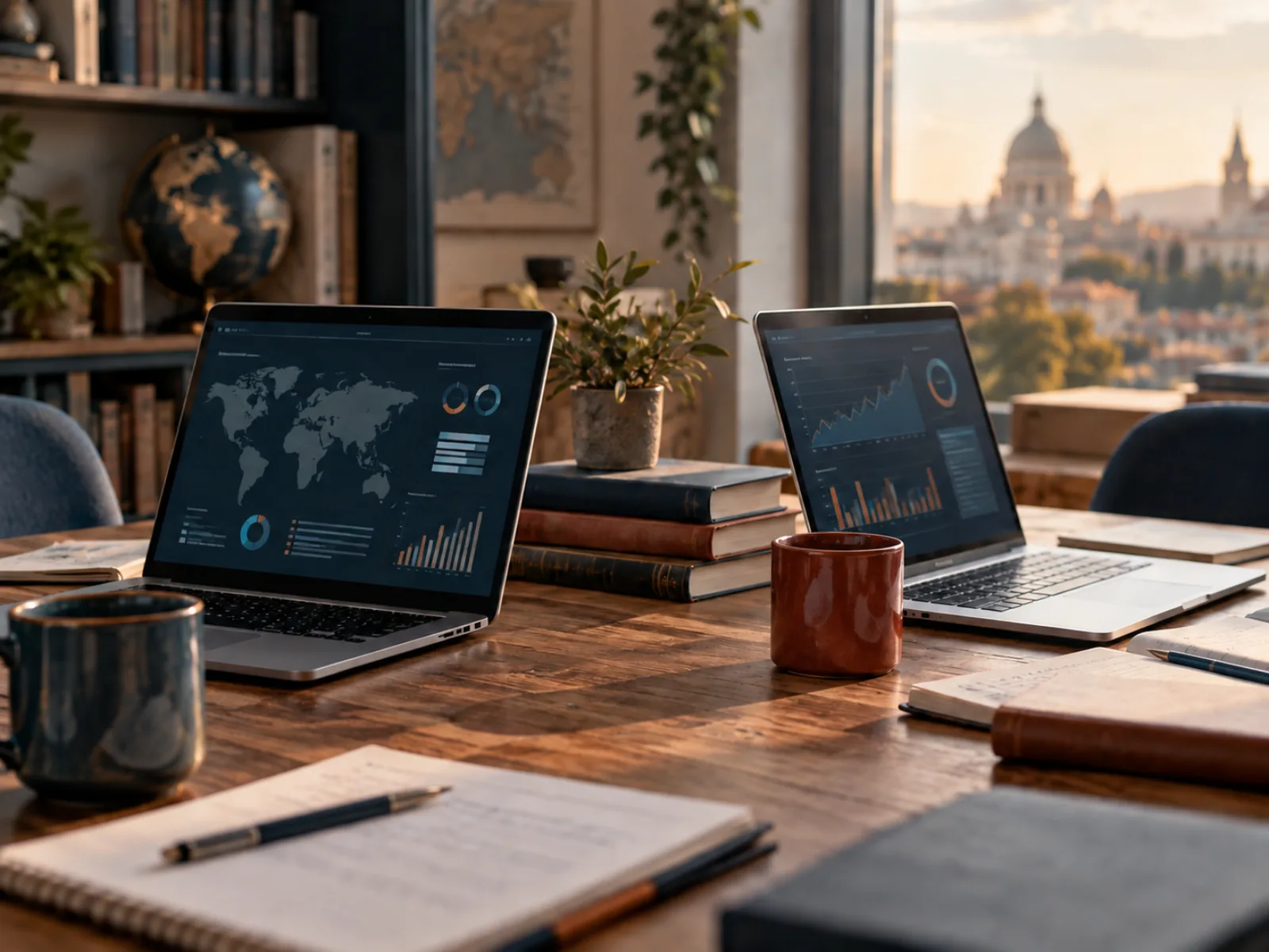 Deux ordinateurs portables affichant des tableaux de bord sur un bureau partagé, avec vue sur la ville