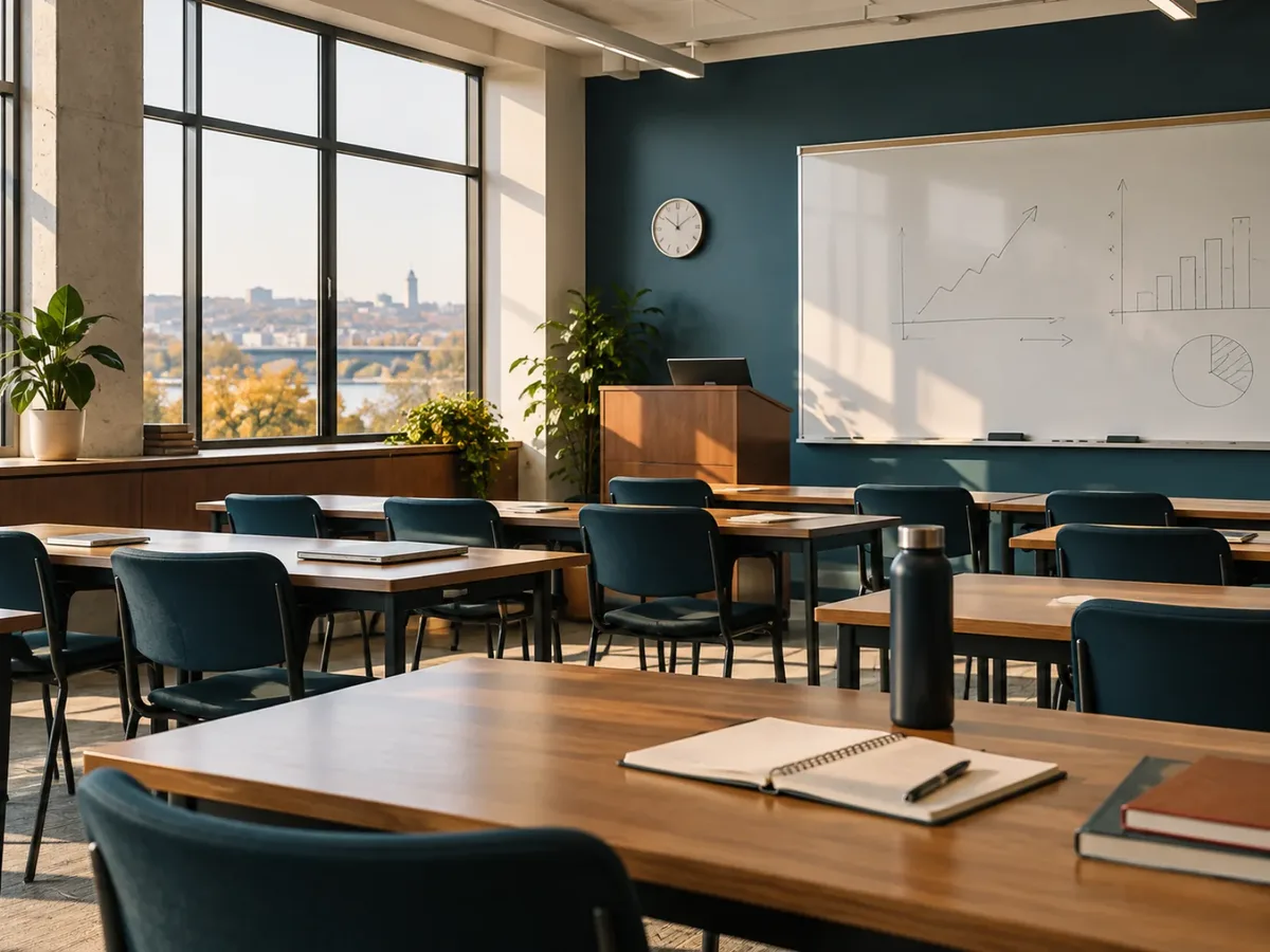 Salle de formation en finance avec tableau blanc et vue sur la ville