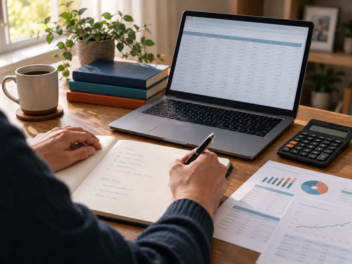 Analyse d’états financiers et de graphiques de performance sur un bureau